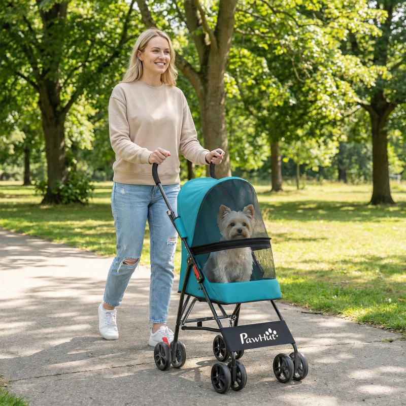 PawHut Dog Stroller, Foldable Cat Dog Pram for Miniature Breeds, Pet Stroller with Brake, Mesh Windows, Dark Green