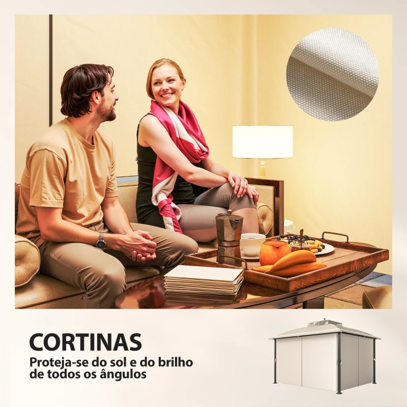 Outsunny Pérgola de Jardim 370x303x290 cm com Telhado Duplo Cortinas Laterais e Mosquiteiras Resistente à Água e Anti-UV Bege