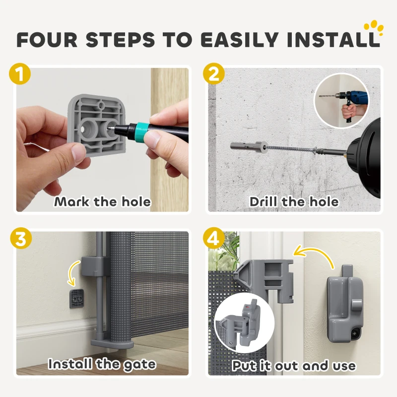 PawHut Retractable Dog Gate, Extends to 300 cm Wide & 104 cm Tall, Mesh Pet Gate Single Hand Operation, for Stairs Doorways