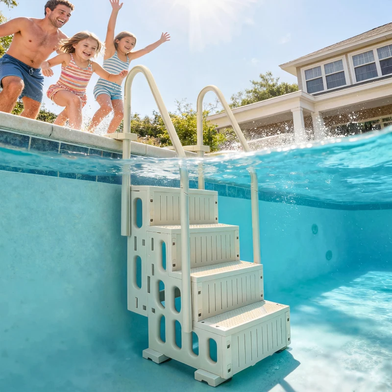 Outsunny Escalier de Piscine en HDPE avec 2 Rampes et 4 Marches pour Piscine Creusée 117-147 cm, 80,8x86x198,5cm, Crème