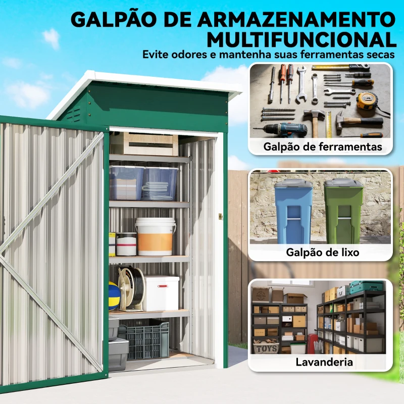 Outsunny Abrigo Exterior Metálico 107,5x91x185 cm Abrigo de Jardim com Teto Inclinado Porta com Trinco Ventilação e Luvas Verde