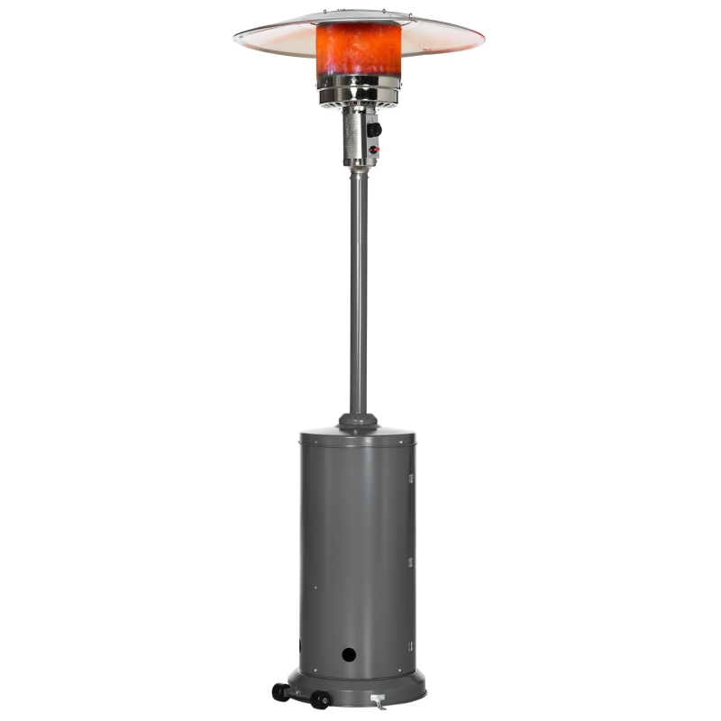 Outsunny Parasol Chauffant 12,5 KW Chauffage d'extérieur gaz Chauffage de terrasse - Double sécurité - Puissance réglable - roulettes - détendeur et tuyau de gaz fournis Acier INOX. Gris