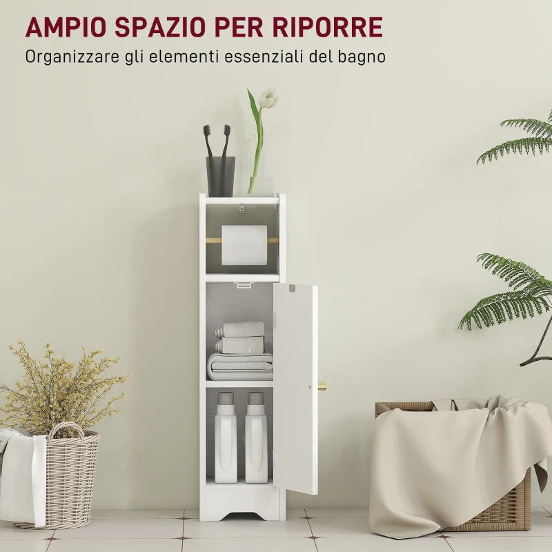 HOMCOM Mobile Porta Carta Igienica in Legno con Armadietto con Ripiano Interno Regolabile, 21x20x79 cm, Bianco