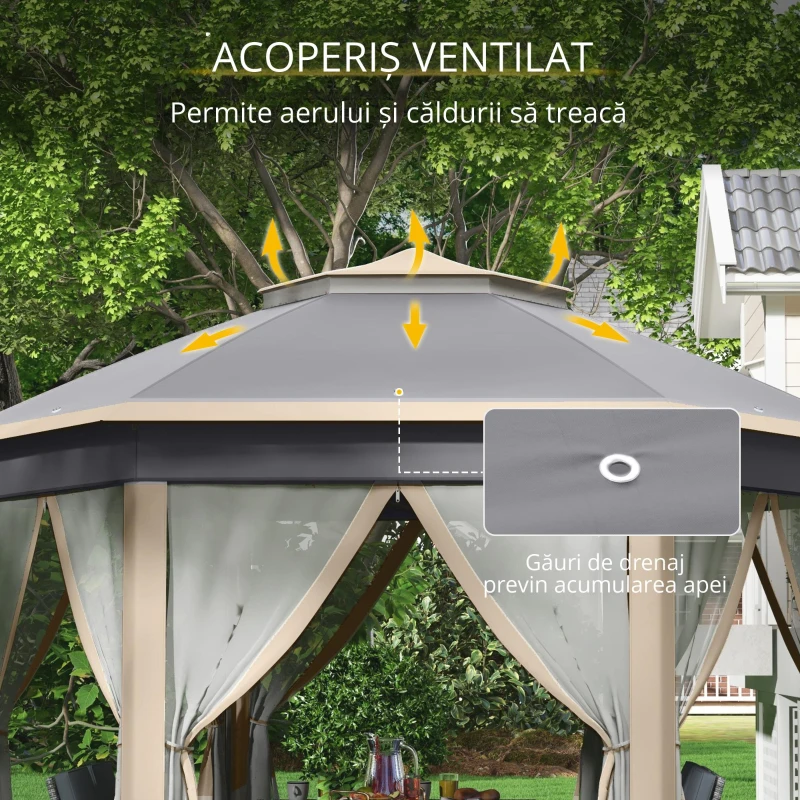 Outsunny Pavilion 4x4m impermeabil pop-up pavilion pliant hexagonal, acoperiș dublu, pavilion de grădină cu 6 părți laterale, cort de petrecere incl. husă de transport, pentru grădină, terasă, festival, Bej+Kaki