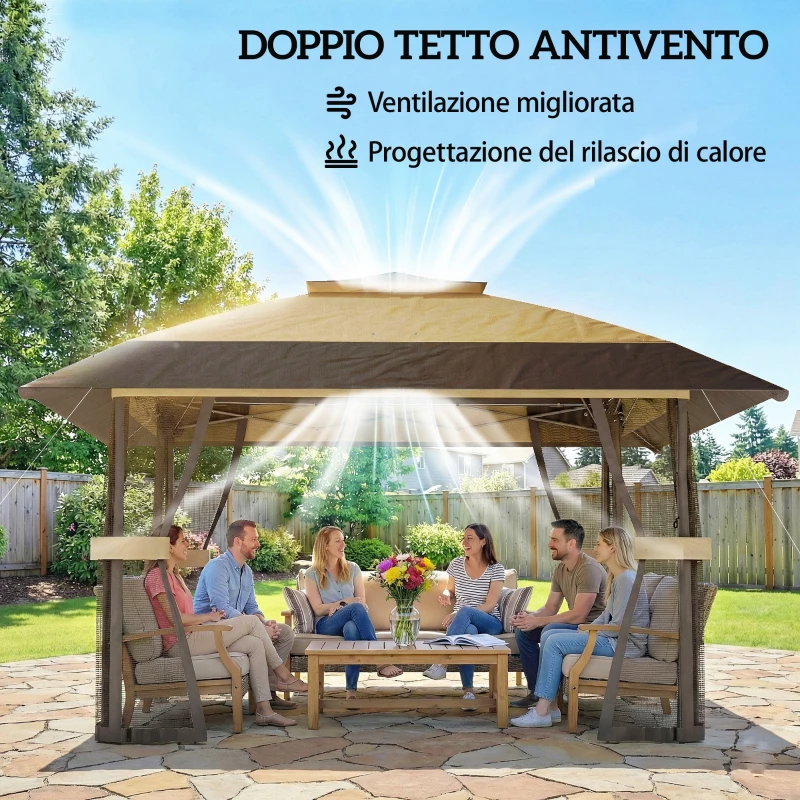 Outsunny Gazebo Pieghevole 4x4 m con 4 Zanzariere Laterali, Doppio Tetto e Sacchi di Sabbia, Cachi e Marrone