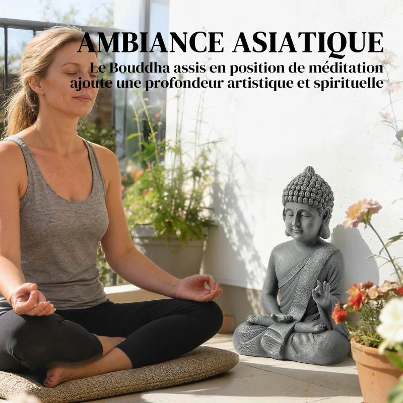 Outsunny Statue de Jardin, Sculpture de Bouddha Assis en Oxyde de Magnésium, Décoration Spirituelle 32 x 23 x 51 cm, Gris Foncé