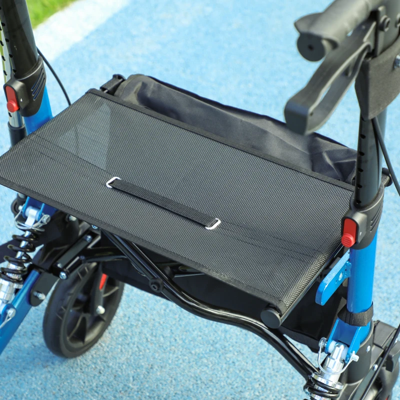 HOMCOM Folding Rollator Walker with Seat, Backrest, Lightweight Walking Frame with Storage Bag, Dual Brakes, Adjustable Handle Height, Suspension System, 4 Wheeled Walker for Seniors, Blue