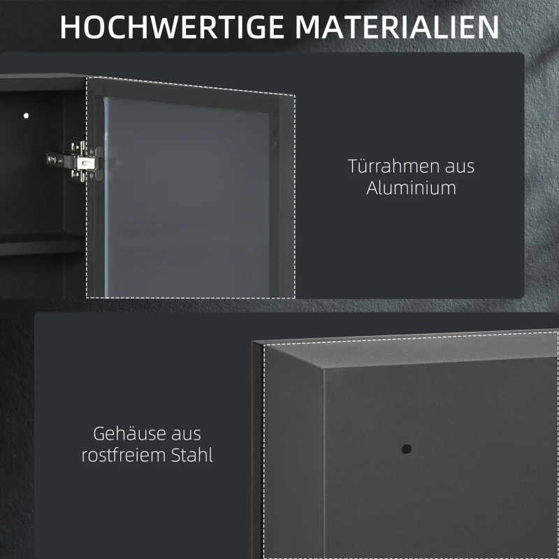 kleankin Spiegelschrank, Badschrank, 3 Regalfächer, Edelstahl, 40x12x60cm, Schwarz
