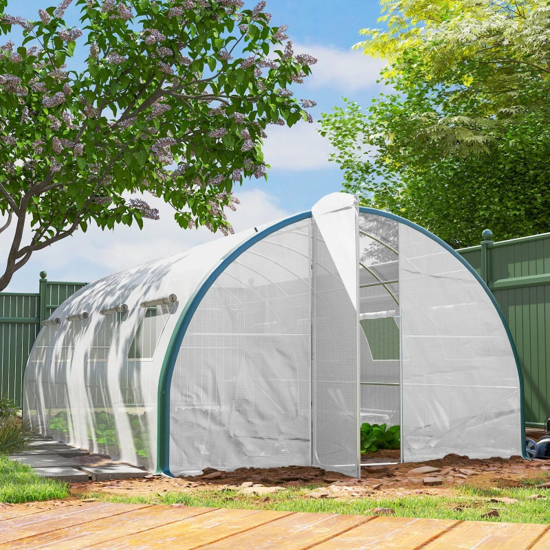 Outsunny Serre tunnel de jardin 18m², serre de jardin tunnel avec portes et 8 fenêtres, bâche PE 140g/m² 600 x 300 x 200 cm blanc