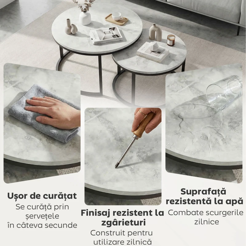 HOMCOM Set de 2 măsuțe de cafea rotunde suprapuse din metal și MDF cu efect de marmură, gri și negru