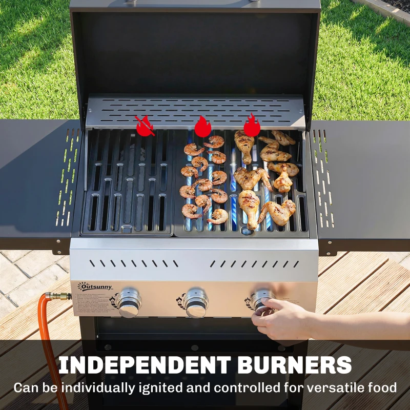 Outsunny Grill gazowy 9 kW 3 palniki BBQ wózek ze stali nierdzewnej ze składanymi półkami, uchwytem na przyprawy, dolną półką i 6 haczykami