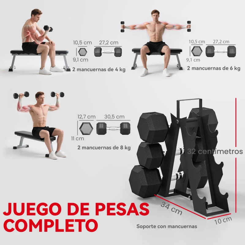 SPORTNOW Juego de Mancuernas 2x4kg 2x6kg 2x8kg con Soporte de Almacenamiento para Ejercicio Entrenamiento Negro