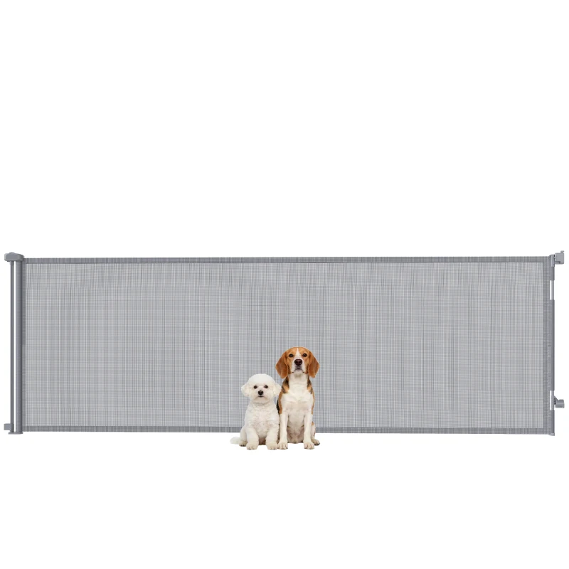 PawHut Retractable Dog Gate, Extends to 300 cm Wide & 104 cm Tall, Mesh Pet Gate Single Hand Operation, for Stairs Doorways