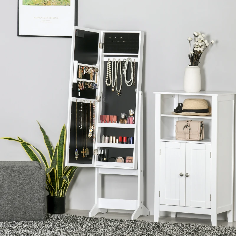 HOMCOM Armoire à bijoux armoire de rangement sur pieds boîte à bijoux avec miroir multi-rangements éclairage LED blanc