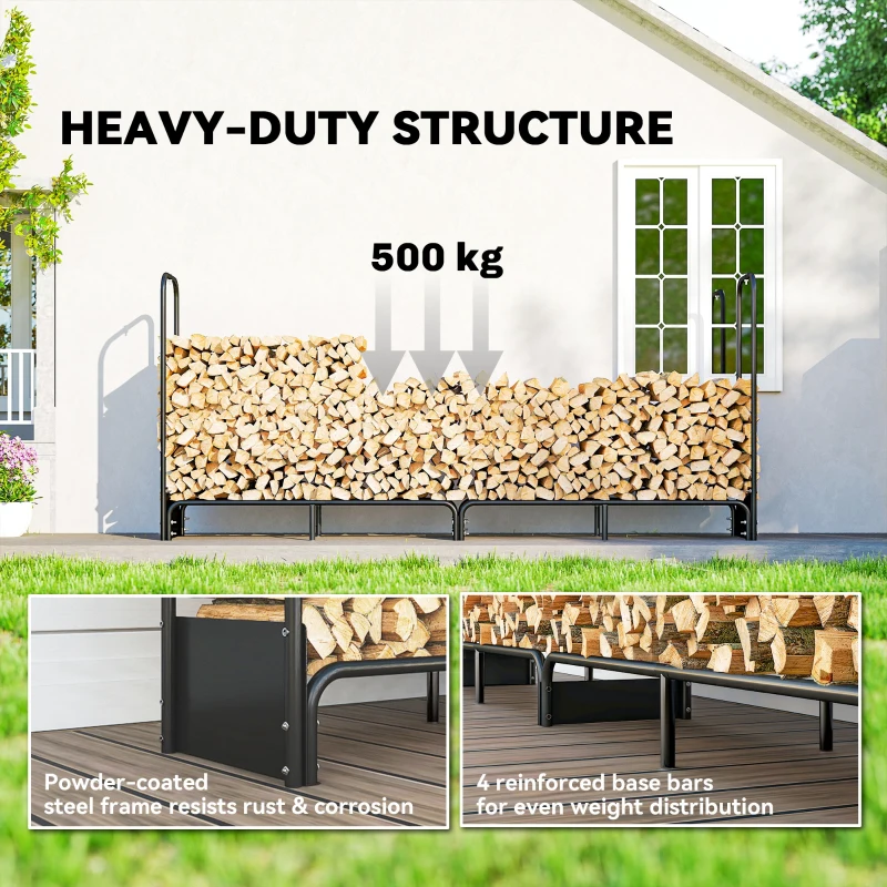 Outsunny 8.5ft Firewood Rack, Heavy Duty Log Storage Holder with Waterproof 600D Oxford Log Cover for Fireplace Fire Pits Outdoor Patio Wood Storage, 500 kg Large Capacity, Black