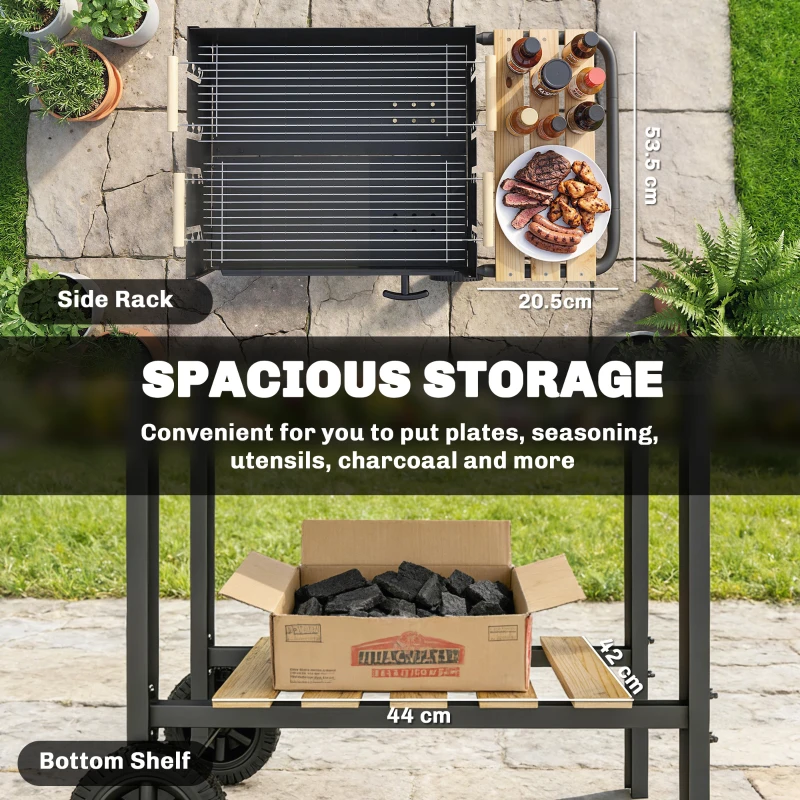 Outsunny Grill na węgiel drzewny z 4-stopniową regulacją wysokości rusztu, 2 drewniane półki, 2 kółka, tacka na popiół, 99,5 x 58 x 82 cm