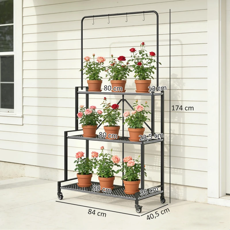Outsunny Support pour Plantes à 3 Niveaux avec Roulettes, Étagère à Fleurs Pliable en Métal avec 4 Crochets, 84x40,5x174cm, Noir