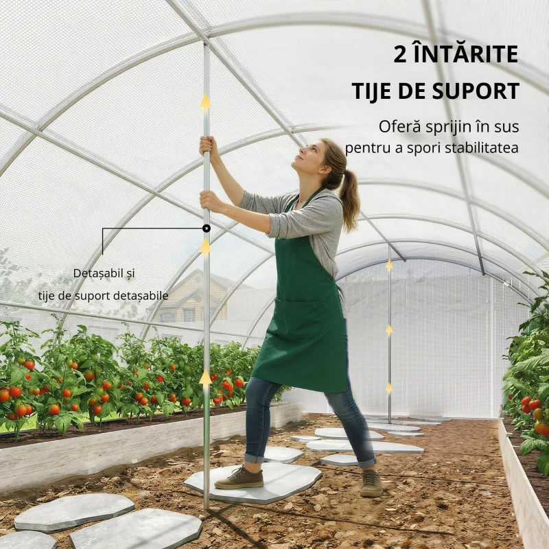 Outsunny Seră tunel cu 2 bare de susținere, 2 uși rulante și ferestre cu plasă, învelitoare din PE anti-UV, alb