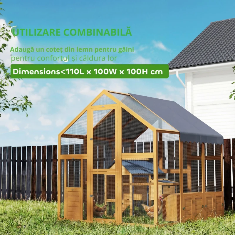 PawHut Coteț pentru găini 3,07 m² tarc exterior din lemn cu husă impermeabilă, încuietoare de siguranță, pentru 6-8 găini 1,7 x 1,8 x 1,8 m