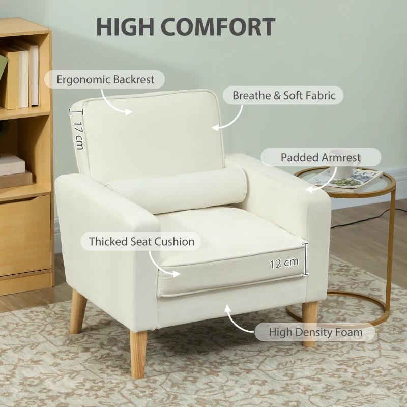 HOMCOM Modern Fabric Accent Chair, Tufted Upholstered Armchair with Wood Legs, Padded Cushion for Living Room, Bedroom, Office, Cream