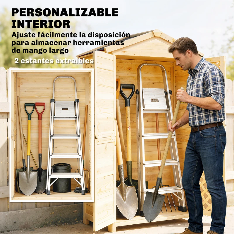 Outsunny Armario de Exterior de Madera con Techo Inclinado Asfalto 2 Puertas con Pestillo 2 Estantes 101,5x49x176 cm Natural