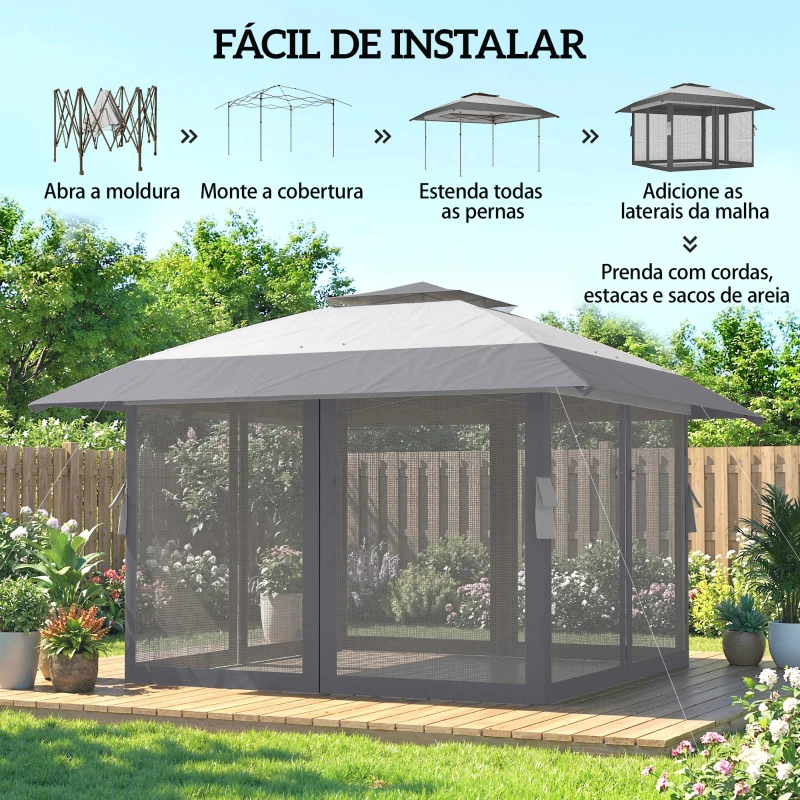 Outsunny Tenda Dobrável 4x4 m Pop-up com Duplo Teto, 4 Laterais de Rede, Altura Ajustável, Bolsa de Transporte, UPF30+, Cinzento