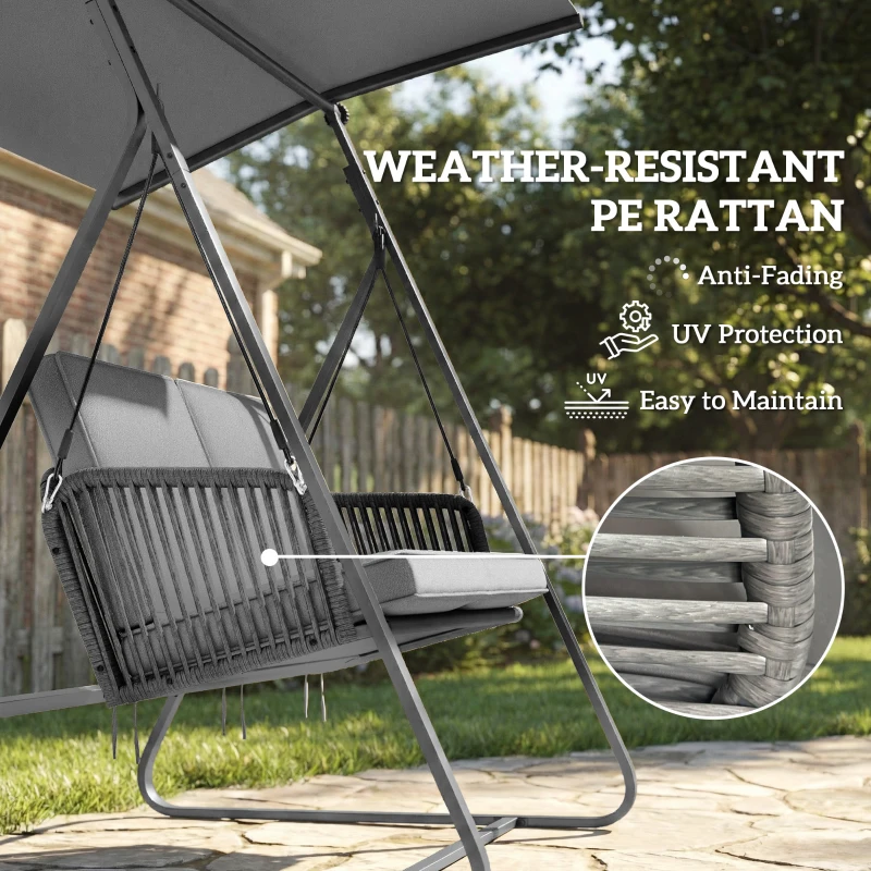 Outsunny 2-Seater Rattan Swing Chair, Outdoor Garden Hanging Swing Seat with Stand, Adjustable Canopy and Soft Cushions