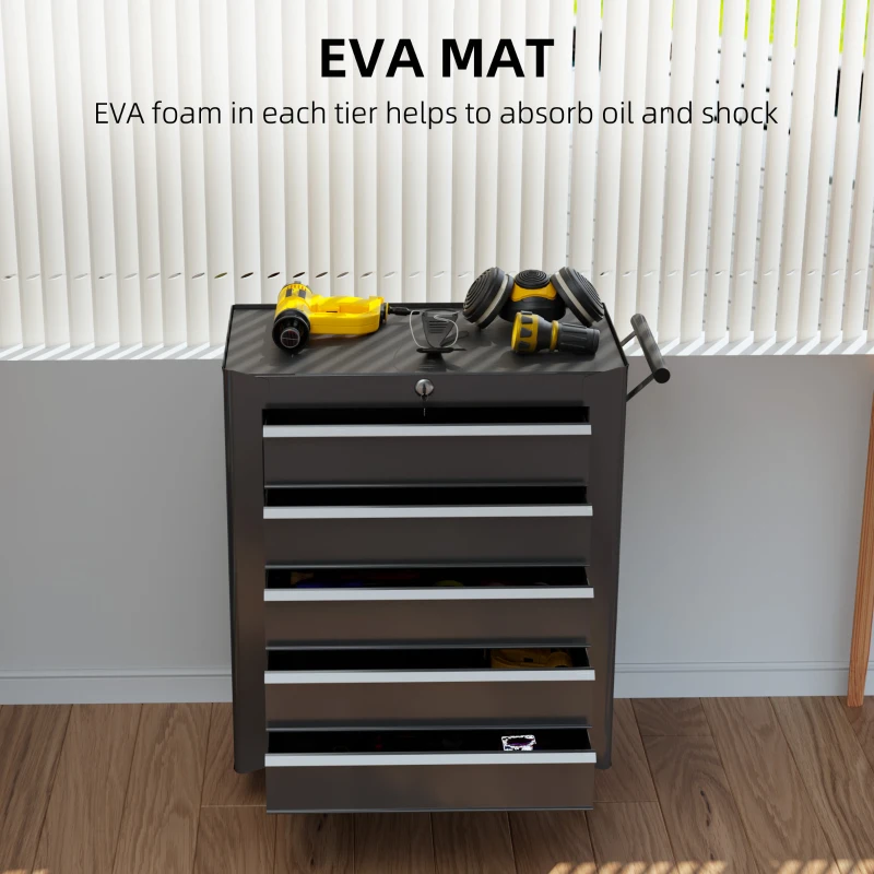 HOMCOM 5-Drawer Tool Chest with Wheels, Steel Lockable Tool Storage Cabinet with Handle, 2 Keys for Garage, Workshop, Black
