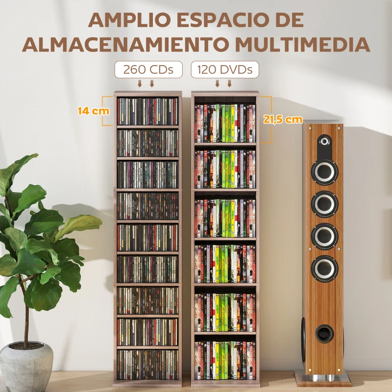HOMCOM Estantería para CDs y DVDs con Estantes Ajustables Diseño Estrecho y Antivuelco para 260 CDs 33x24x140 cm Madera Natural
