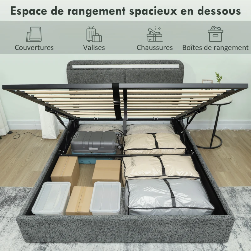HOMCOM Lit coffre 140 x 190 cm avec éclairage LED, tête de lit réglable, cadre de lit double, sommier à lattes en bois, gris