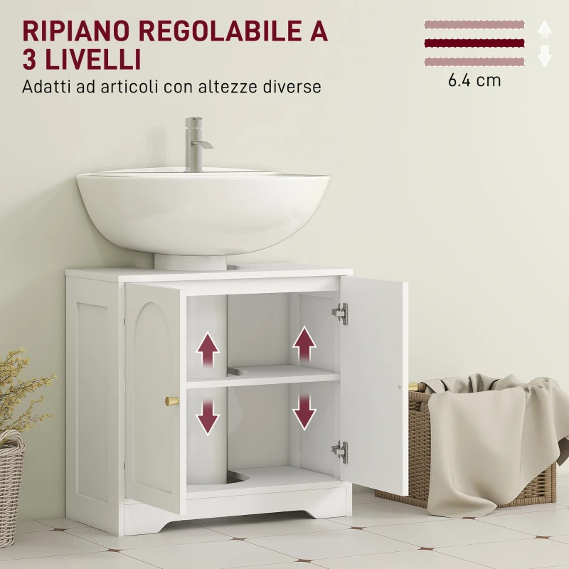 HOMCOM Mobile Sotto Lavabo Bagno a 2 Ante con Ripiano Regolabile su 3 Livelli, in Legno, 60x30x65 cm, Bianco