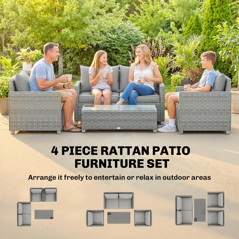 Outsunny 4 Piece Rattan Garden Furniture Set with Loveseat, 2 Armchairs, Glass-Top Table, Wicker Patio Conversation Set, Grey