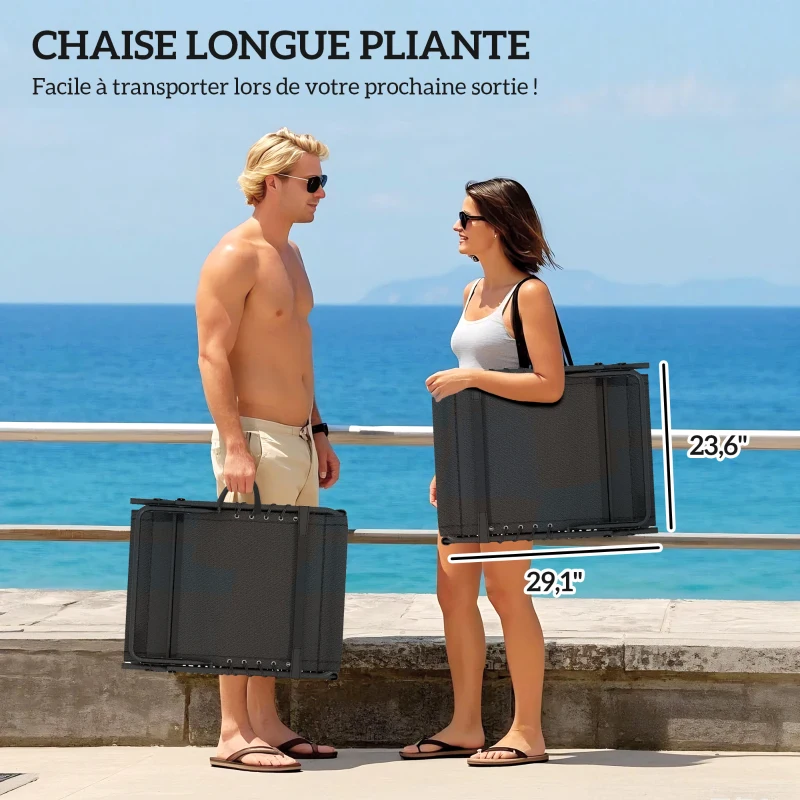 Outsunny Lot de 2 bains de soleil, chaise longue pliante et inclinable, coussin, appui-tête, poche latérale, 60x190x31cm, gris