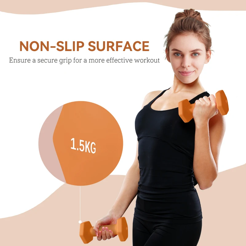 SPORTNOW 2 x 1.5kg Hexagonal Dumbbells Weights Set with Non-Slip Grip for Home Gym Workout, Orange