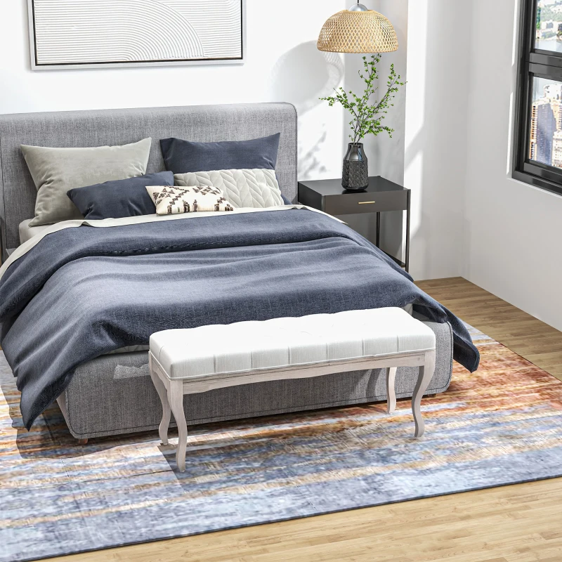 HOMCOM Banc Banquette capitonnée Style Classique 110 cm Bout de lit Rembourrée en lin piètement Bois hévéa sculpté blanc crème