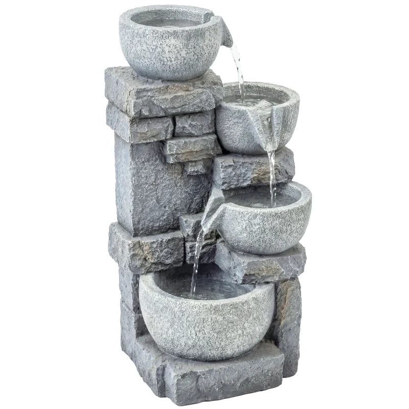 Outsunny Fontaine de Jardin Cascade 4 Niveaux Décoration Effet Pierre et Brique avec Éclairage LED 28 x 25 x 54,5 cm Gris
