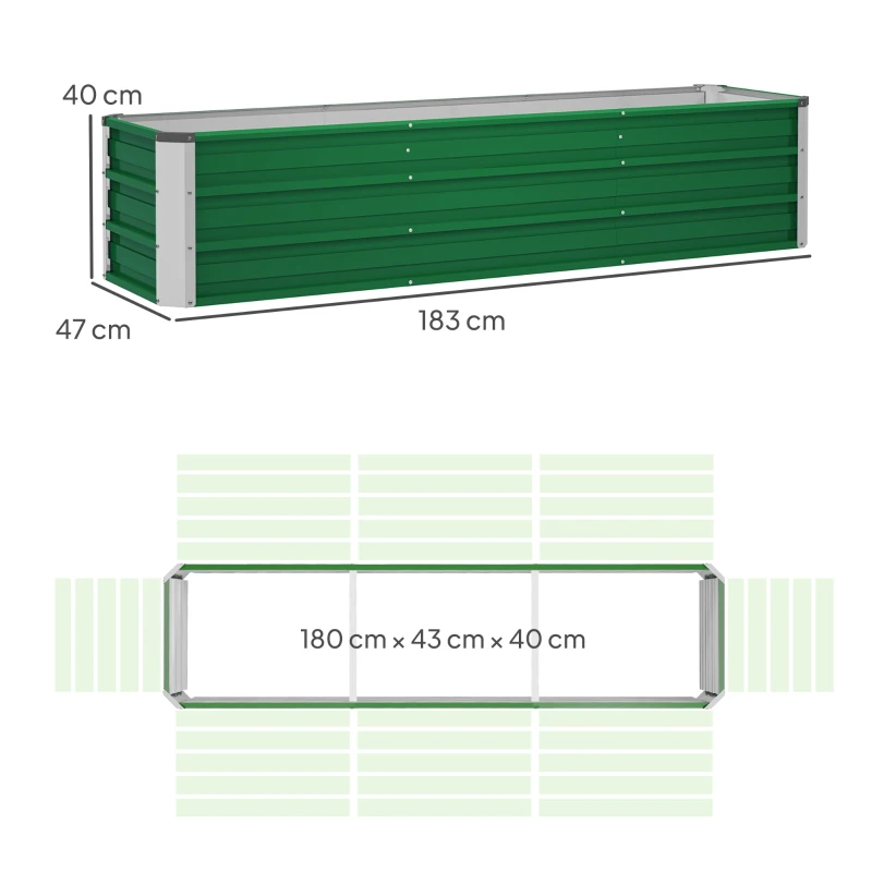 Outsunny Stalowa donica ogrodowa z 3 osobnymi obszarami do uprawy, otwarty dół, prosty montaż, 183 x 47 x 40cm, Zielony