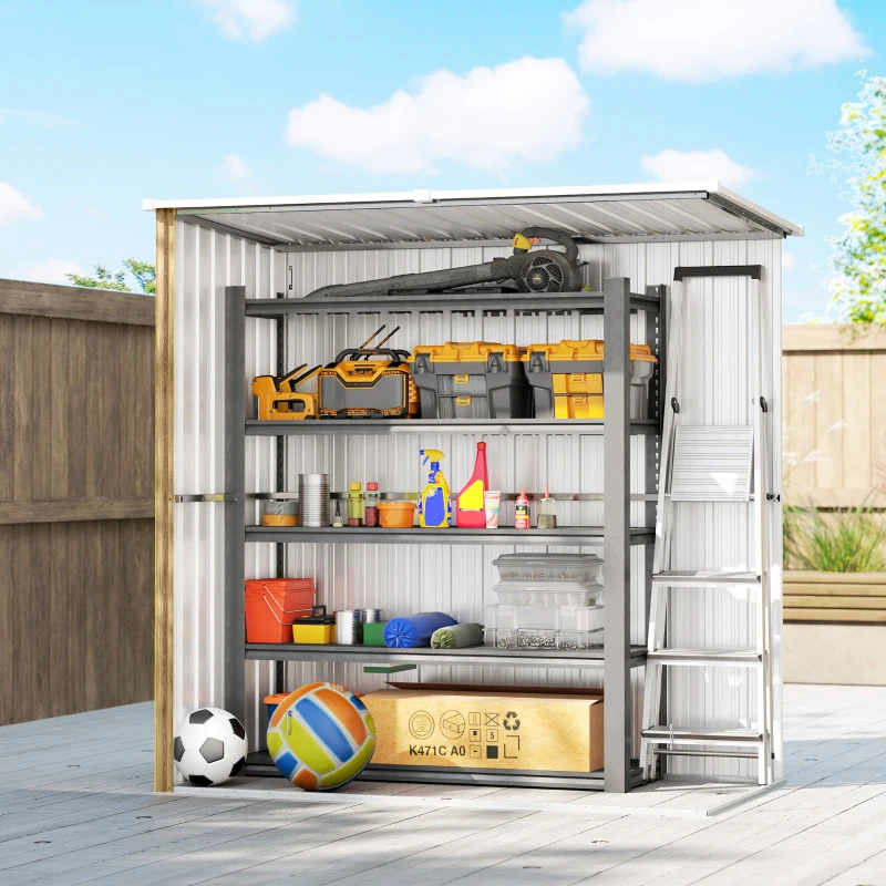 Outsunny Cobertizo de Jardín Exterior Metálico 1,37 m² 163x89x163 cm con Techo Inclinado, Puertas con Pestillo y Guantes Marrón