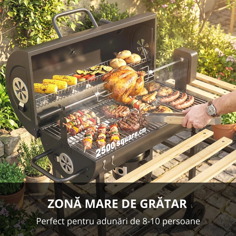 Outsunny Grătar pe cărbuni cu căruț de gătit, etajere pliabile, termometru, roți, rotisor electric, negru