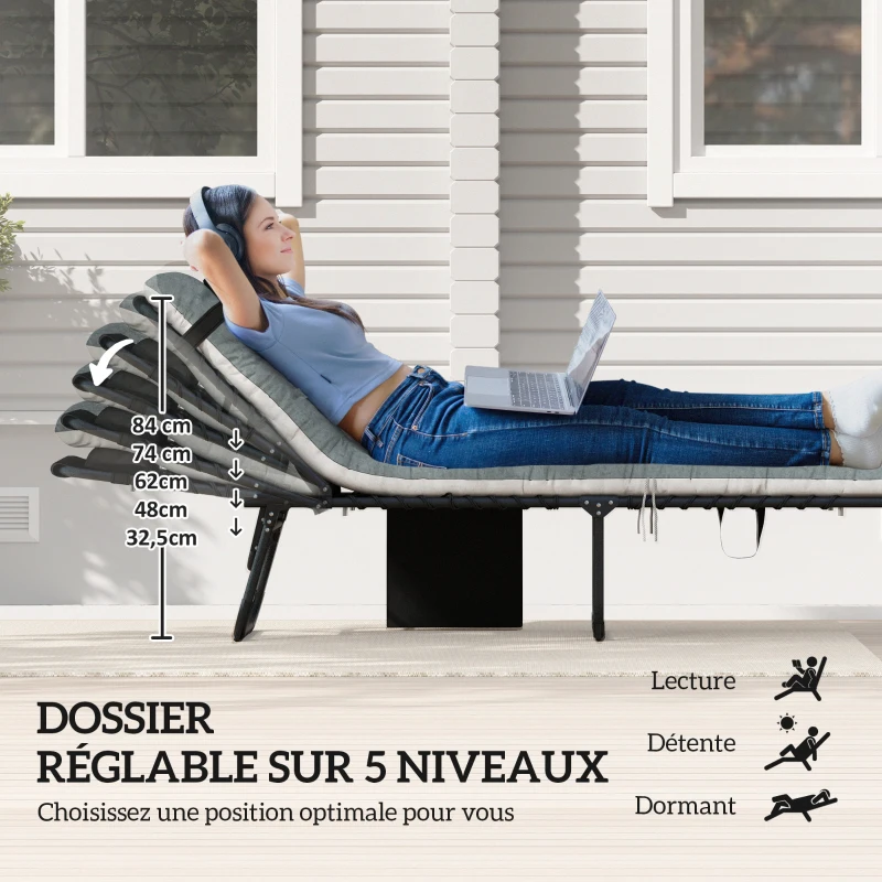 Outsunny Lot de 2 bains de soleil, chaise longue pliante et inclinable, coussin, appui-tête, poche latérale, 60x190x31cm, gris