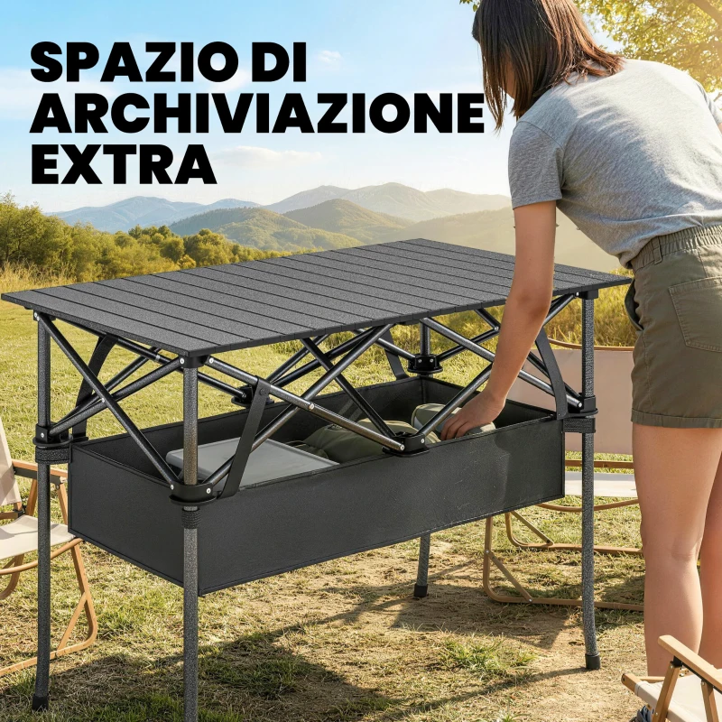 Outsunny Tavolo da Campeggio Pieghevole con Struttura in Metallo, Rete Portaoggetti e Borsa, 93x55x68 cm, Nero