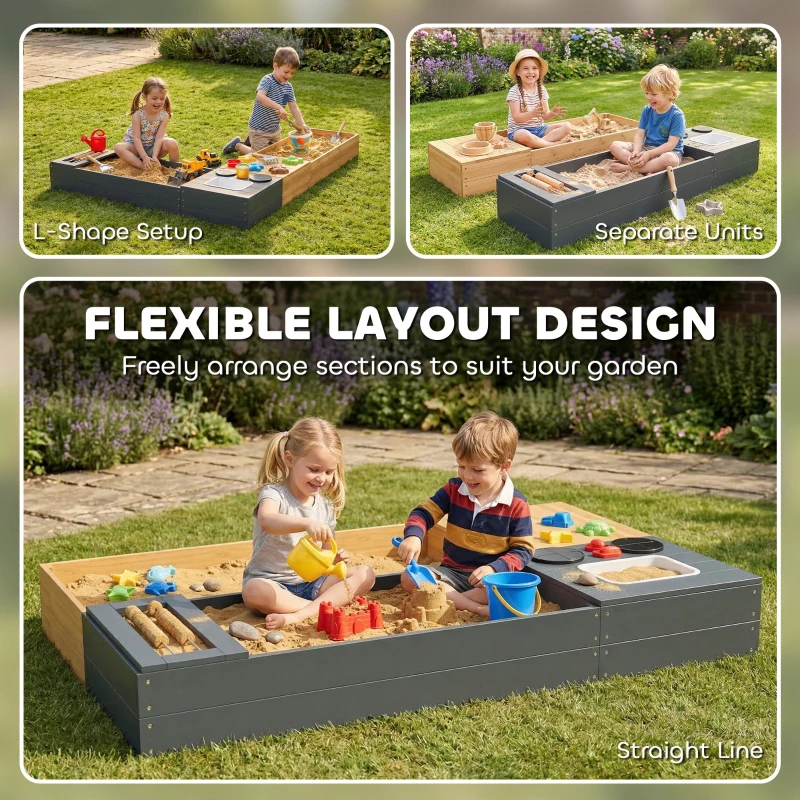 AIYAPLAY Zandbak 2-delig 150 x 90 cm Houten speelstation met zitbank, opbergruimte, kookplaat, afneembare wasbak en abacusparels, Geel