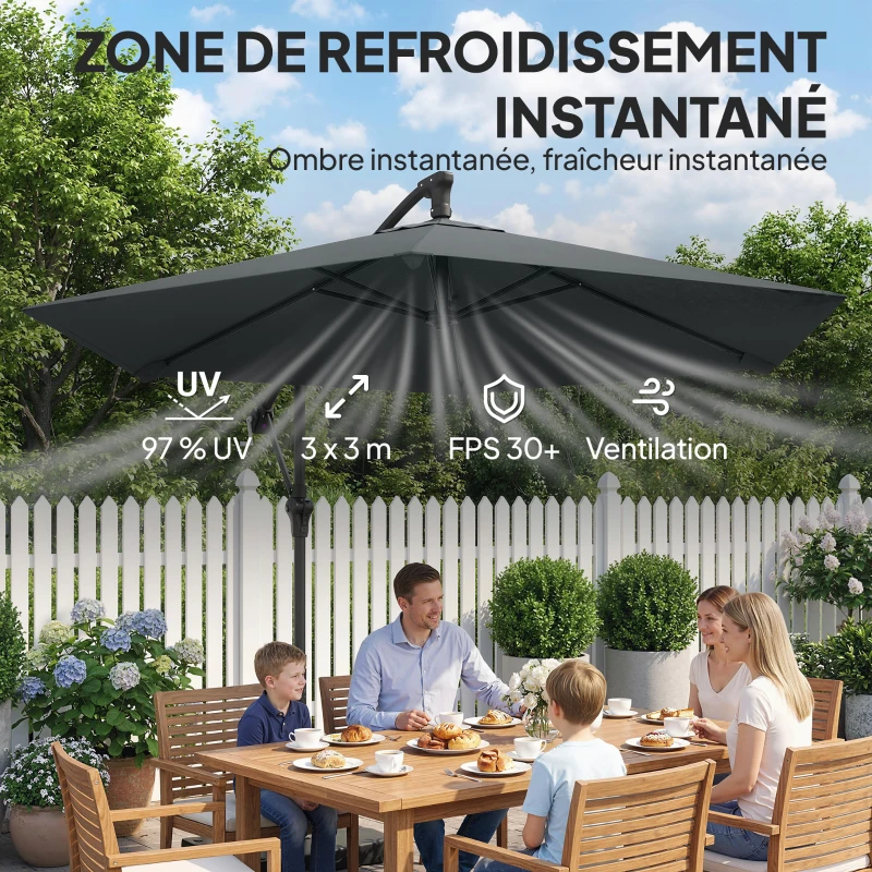 Outsunny Parasol déporté 3 m avec pied en croix et dalles lestage, parasol de jardin extérieur avec manivelle, gris foncé