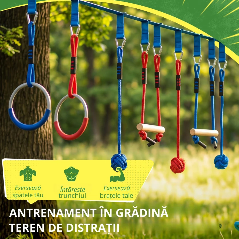 AIYAPLAY Ninja Line copii 10 m set Slackline 9 piese cu 2 inele, leagăn 3-în-1, 2 bare de cățărat pentru 3-8 ani multicolor