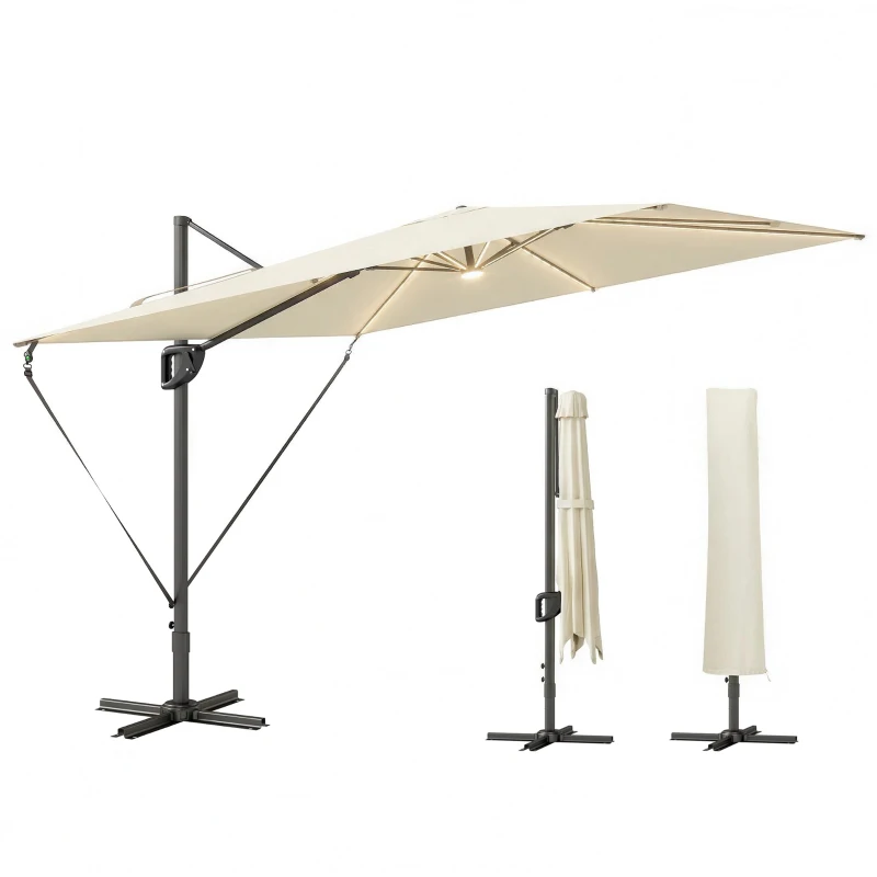 Outsunny 3 x 3 m Garden Cantilever Parasol w/ Light, Cover, UPF50+ Patio Umbrella w/ Wind Protection, 360° Rotation, Cream White