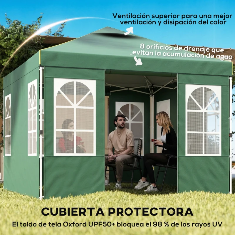 Outsunny Carpa Plegable 3x3 m Pop-up con UPF50+ 4 Laterales Desmontables Altura Ajustable y Bolsa de Transporte Verde
