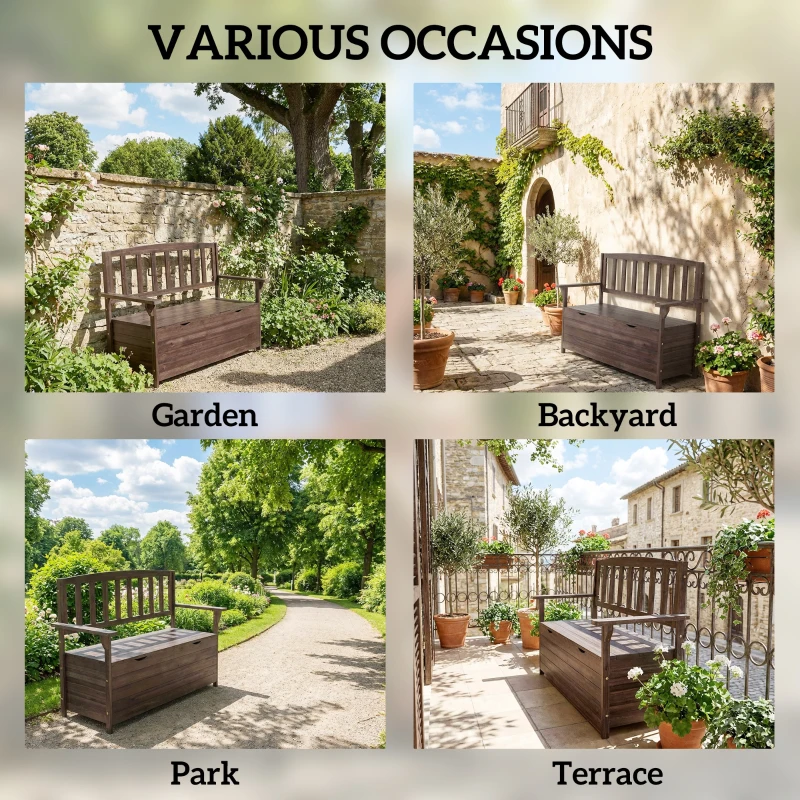 Outsunny Outdoor 2 Seater Garden Bench, Wooden Bench with Storage, Backrest, Arm Rests, 112 x 84 x 58 cm, Brown