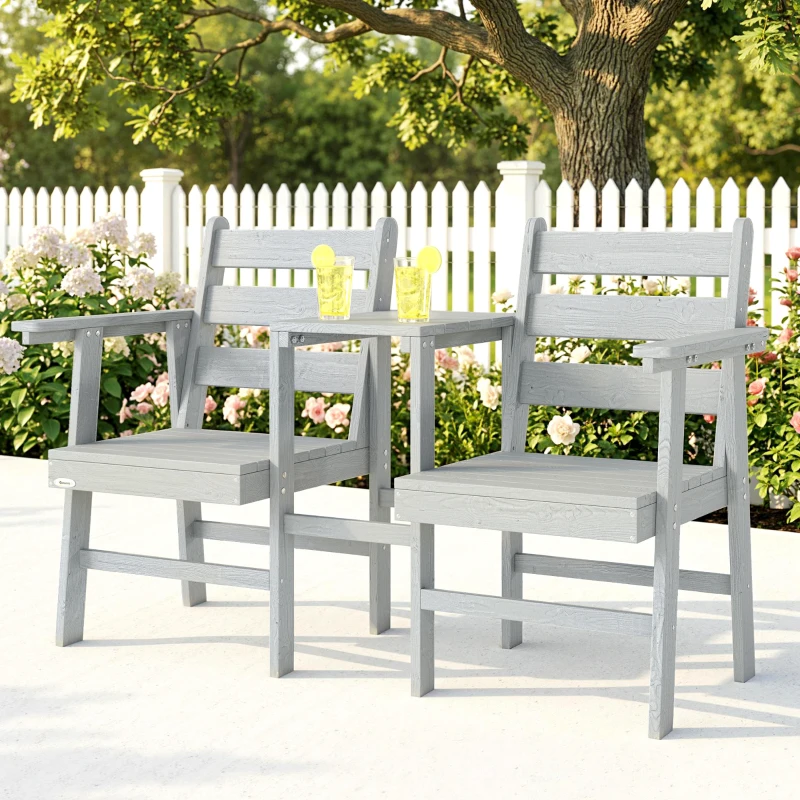 Outsunny Outdoor Garden Loveseat, Embossed Wooden Jack and Jill Garden Seat with Integrated Table, Grey
