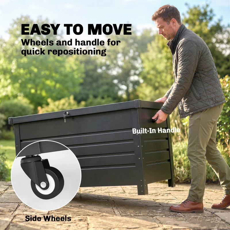 Outsunny Caja 430 L, Caja metálica con tapa con cerradura, ruedas, asas laterales, Gris