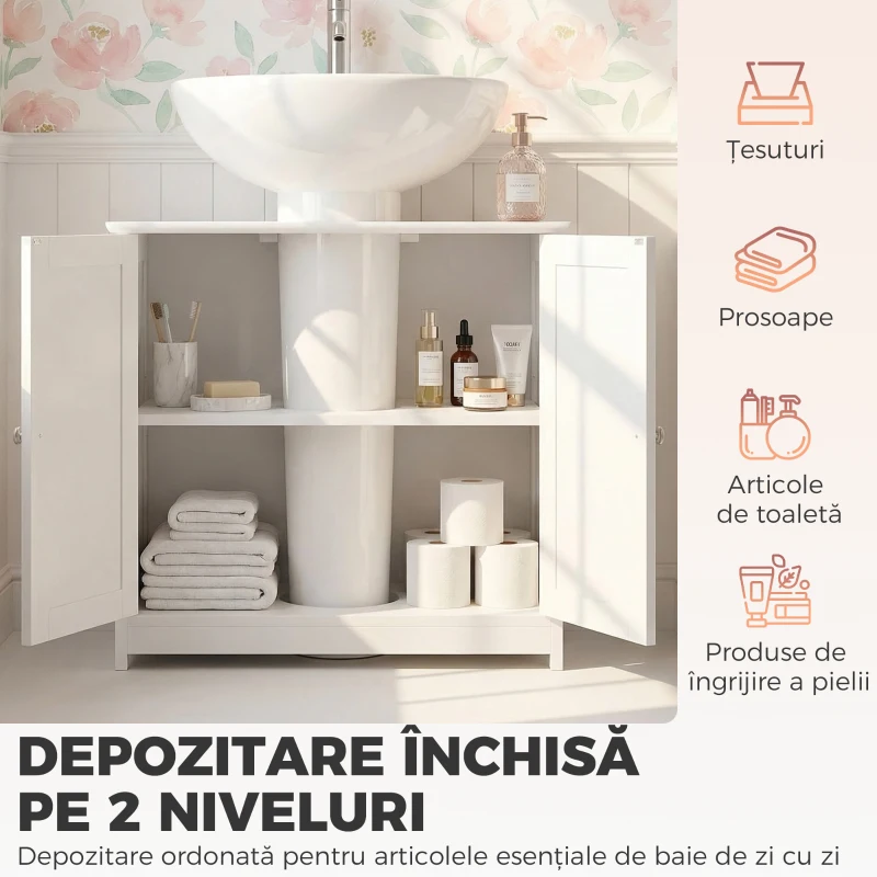 kleankin Dulap Sub Chiuvetă cu 2 Uși, Raft Reglabil și Decupaj în Formă de U, 60x30x60 cm, Alb(m-6)